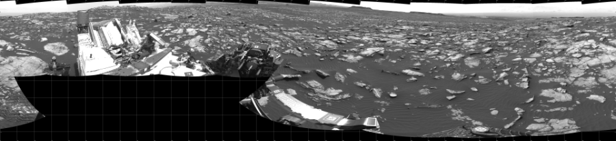 NASA's Mars rover Curiosity took 17 images in Gale Crater using its mast-mounted Left Navigation Camera (Navcam) to create this mosaic. The seam-corrected mosaic provides a 360-degree cylindrical projection panorama of the Martian surface centered at 180 degrees azimuth (measured clockwise from north). Curiosity took the images on November 02, 2016, Sol 1507 of the Mars Science Laboratory mission at drive 612, site number 59. The local mean solar time for the image exposures was 2 PM. Each Navcam image has a 45 degree field of view. CREDIT: NASA/JPL-Caltech