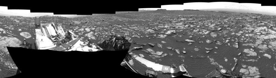 NASA's Mars rover Curiosity took 17 images in Gale Crater using its mast-mounted Left Navigation Camera (Navcam) to create this mosaic. The seam-corrected mosaic provides a 360-degree cylindrical-perspective projection panorama of the Martian surface suitable for stereo viewing, centered at 319 degrees azimuth (measured clockwise from north). This single-eye view must be combined with the partner right image to be viewed in stereo. Curiosity took the images on November 02, 2016, Sol 1507 of the Mars Science Laboratory mission at drive 612, site number 59. The local mean solar time for the image exposures was 2 PM. Each Navcam image has a 45-degree field of view. CREDIT: NASA/JPL-Caltech