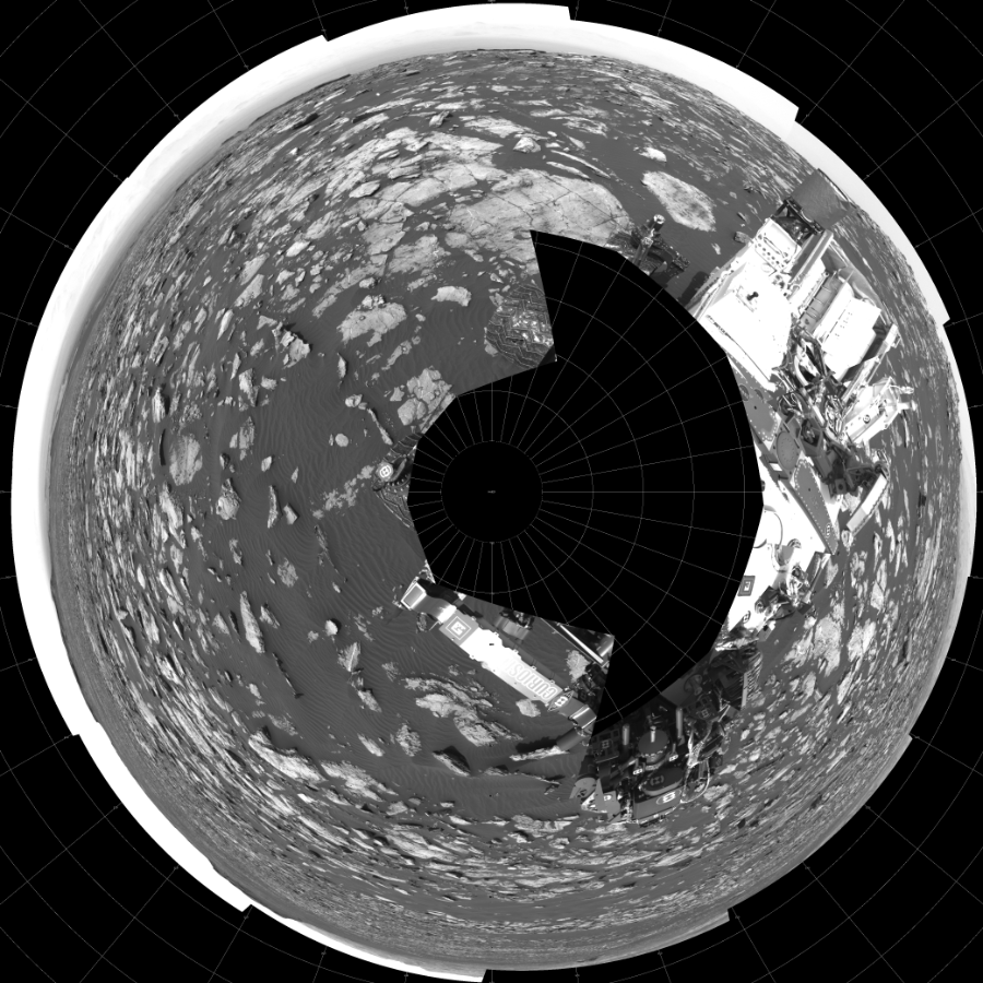 NASA's Mars rover Curiosity took 17 images in Gale Crater using its mast-mounted Left Navigation Camera (Navcam) to create this mosaic. The seam-corrected mosaic provides a polar stereographic projection panorama of the Martian surface with 0 degrees azimuth (measured clockwise from north) at the top of the image. Curiosity took the images on November 02, 2016, Sol 1507 of the Mars Science Laboratory mission at drive 612, site number 59. The local mean solar time for the image exposures was 2 PM. Each Navcam image has a 45-degree field of view. CREDIT: NASA/JPL-Caltech