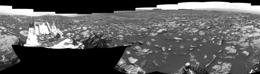 NASA's Mars rover Curiosity took 17 images in Gale Crater using its mast-mounted Right Navigation Camera (Navcam) to create this mosaic. The seam-corrected mosaic provides a 360-degree cylindrical-perspective projection panorama of the Martian surface suitable for stereo viewing, centered at 312 degrees azimuth (measured clockwise from north). This single-eye view must be combined with the partner left image to be viewed in stereo.  Curiosity took the images on November 02, 2016, Sol 1507 of the Mars Science Laboratory mission at drive 612, site number 59. The local mean solar time for the image exposures was 2 PM. Each Navcam image has a 45-degree field of view. CREDIT: NASA/JPL-Caltech