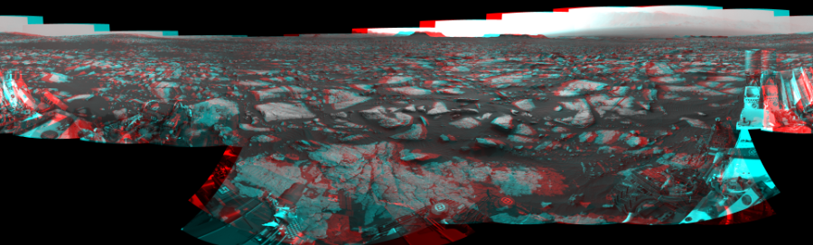 NASA's Mars rover Curiosity took 19 image pairs in Gale Crater using its mast-mounted Navigation Camera (Navcam) to create this mosaic. The seam-corrected mosaic provides a 360-degree cylindrical perspective projection panorama of the Martian surface suitable for stereo viewing, centered at 29 degrees azimuth (measured clockwise from north). This anaglyph must be viewed with red/blue glasses (red over left eye).  Curiosity took the images on November 04, 2016, Sol 1509 of the Mars Science Laboratory mission at drive 1260, site number 59. The local mean solar time for the image exposures was 4 PM. Each Navcam image has a 45-degree field of view. CREDIT: NASA/JPL-Caltech