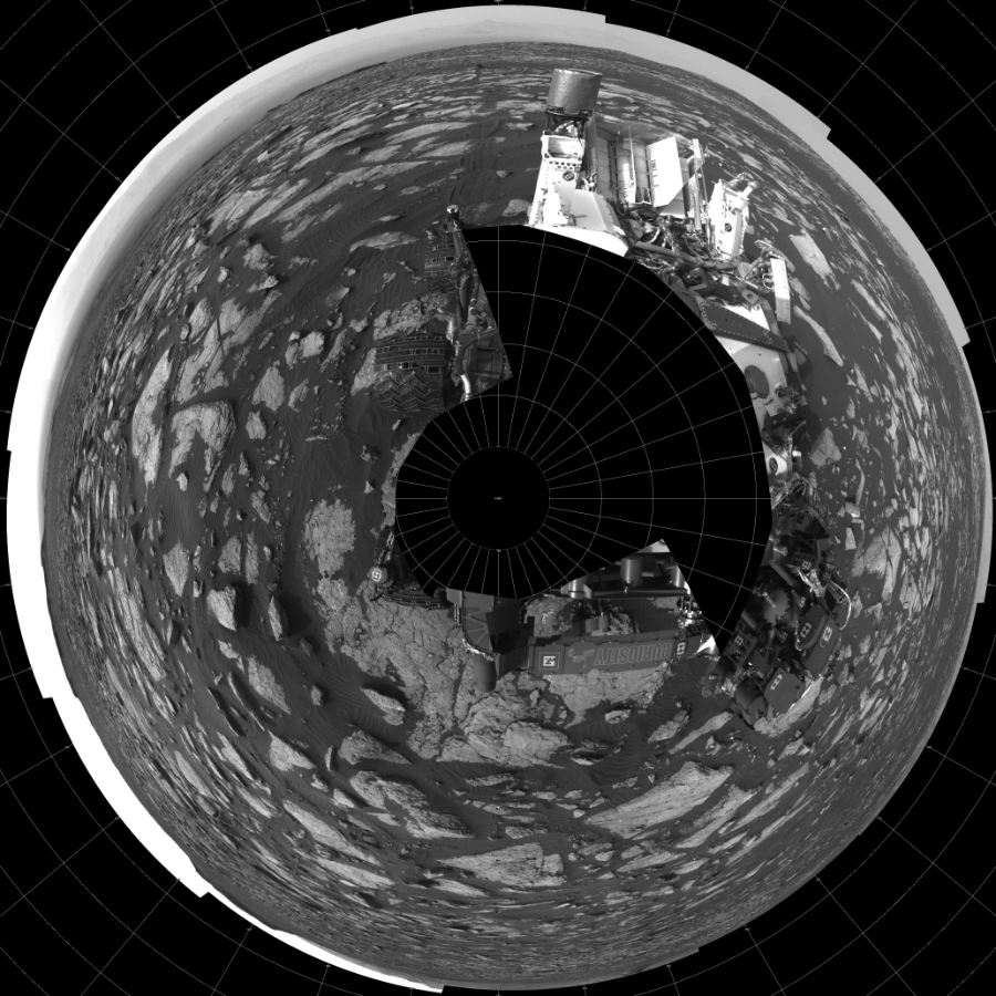 NASA's Mars rover Curiosity took 19 images in Gale Crater using its mast-mounted Left Navigation Camera (Navcam) to create this mosaic. The seam-corrected mosaic provides a polar stereographic projection panorama of the Martian surface with 0 degrees azimuth (measured clockwise from north) at the top of the image. Curiosity took the images on November 04, 2016, Sol 1509 of the Mars Science Laboratory mission at drive 1260, site number 59. The local mean solar time for the image exposures was 4 PM. Each Navcam image has a 45-degree field of view. CREDIT: NASA/JPL-Caltech
