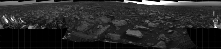 NASA's Mars rover Curiosity took 17 images in Gale Crater using its mast-mounted Left Navigation Camera (Navcam) to create this mosaic. The seam-corrected mosaic provides a 360-degree cylindrical projection panorama of the Martian surface centered at 180 degrees azimuth (measured clockwise from north). Curiosity took the images on November 07, 2016, Sol 1512 of the Mars Science Laboratory mission at drive 1596, site number 59. The local mean solar time for the image exposures was from 4 PM to 5 PM. Each Navcam image has a 45 degree field of view. CREDIT: NASA/JPL-Caltech