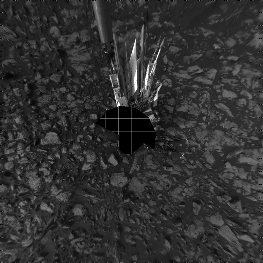 NASA's Mars rover Curiosity took 17 images in Gale Crater using its mast-mounted Left Navigation Camera (Navcam) to create this mosaic. The seam-corrected mosaic provides a vertical projection of the Martian surface near the rover, covering an area of 20 meters (north/south) by 20 meters (east/west). North is up in the image. This projection provides an overhead view, but introduces distortion for items not on the surface, such as large rocks and the rover itself.  Curiosity took the images on November 07, 2016, Sol 1512 of the Mars Science Laboratory mission at drive 1596, site number 59. The local mean solar time for the image exposures was from 4 PM to 5 PM. Each Navcam image has a 45-degree field of view. CREDIT: NASA/JPL-Caltech