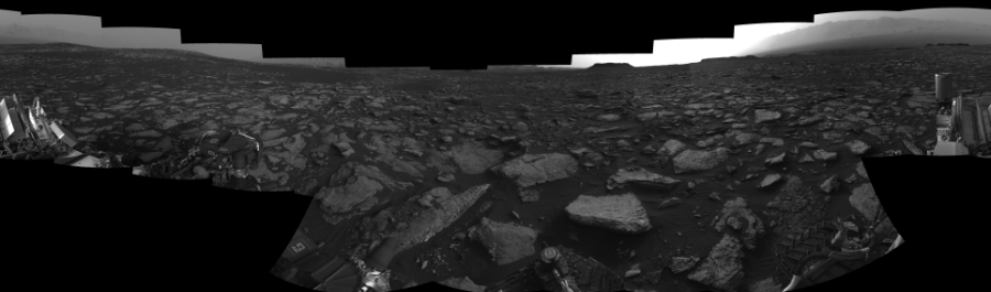 NASA's Mars rover Curiosity took 17 images in Gale Crater using its mast-mounted Right Navigation Camera (Navcam) to create this mosaic. The seam-corrected mosaic provides a 360-degree cylindrical-perspective projection panorama of the Martian surface suitable for stereo viewing, centered at 12 degrees azimuth (measured clockwise from north). This single-eye view must be combined with the partner left image to be viewed in stereo.  Curiosity took the images on November 07, 2016, Sol 1512 of the Mars Science Laboratory mission at drive 1596, site number 59. The local mean solar time for the image exposures was from 4 PM to 5 PM. Each Navcam image has a 45-degree field of view. CREDIT: NASA/JPL-Caltech