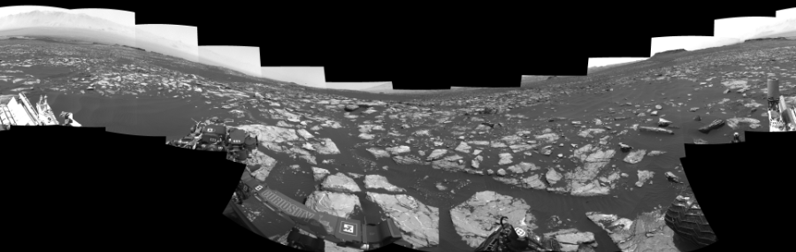 NASA's Mars rover Curiosity took 17 images in Gale Crater using its mast-mounted Left Navigation Camera (Navcam) to create this mosaic. The seam-corrected mosaic provides a 360-degree cylindrical-perspective projection panorama of the Martian surface suitable for stereo viewing, centered at 19 degrees azimuth (measured clockwise from north). This single-eye view must be combined with the partner right image to be viewed in stereo.  Curiosity took the images on November 14, 2016, Sol 1519 of the Mars Science Laboratory mission at drive 2578, site number 59. The local mean solar time for the image exposures was 1 PM. Each Navcam image has a 45-degree field of view. CREDIT: NASA/JPL-Caltech