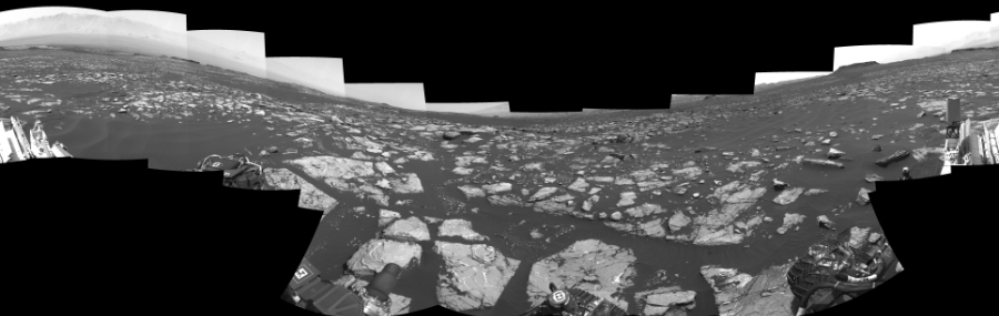 NASA's Mars rover Curiosity took 17 images in Gale Crater using its mast-mounted Right Navigation Camera (Navcam) to create this mosaic. The seam-corrected mosaic provides a 0-degree cylindrical-perspective projection panorama of the Martian surface suitable for stereo viewing, centered at 192 degrees azimuth (measured clockwise from north). This single-eye view must be combined with the partner left image to be viewed in stereo.  Curiosity took the images on November 14, 2016, Sol 1519 of the Mars Science Laboratory mission at drive 2578, site number 59. The local mean solar time for the image exposures was 1 PM. Each Navcam image has a 45-degree field of view. CREDIT: NASA/JPL-Caltech