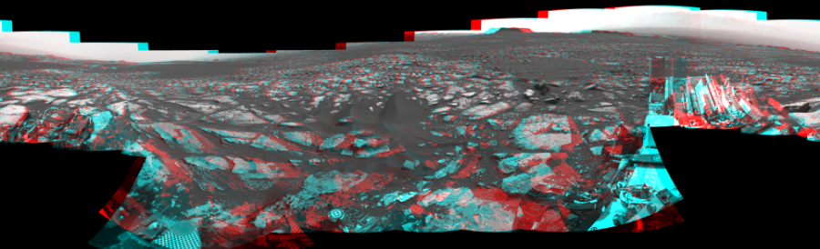 NASA's Mars rover Curiosity took 18 image pairs in Gale Crater using its mast-mounted Navigation Camera (Navcam) to create this mosaic. The seam-corrected mosaic provides a 360-degree cylindrical perspective projection panorama of the Martian surface suitable for stereo viewing, centered at 71 degrees azimuth (measured clockwise from north). This anaglyph must be viewed with red/blue glasses (red over left eye).  Curiosity took the images on November 16, 2016, Sol 1521 of the Mars Science Laboratory mission at drive 2668, site number 59. The local mean solar time for the image exposures was 2 PM. Each Navcam image has a 45-degree field of view. CREDIT: NASA/JPL-Caltech