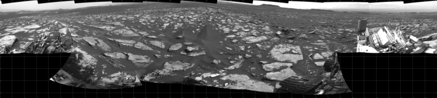 NASA's Mars rover Curiosity took 18 images in Gale Crater using its mast-mounted Left Navigation Camera (Navcam) to create this mosaic. The seam-corrected mosaic provides a 360-degree cylindrical projection panorama of the Martian surface centered at 180 degrees azimuth (measured clockwise from north). Curiosity took the images on November 16, 2016, Sol 1521 of the Mars Science Laboratory mission at drive 2668, site number 59. The local mean solar time for the image exposures was 2 PM. Each Navcam image has a 45 degree field of view. CREDIT: NASA/JPL-Caltech