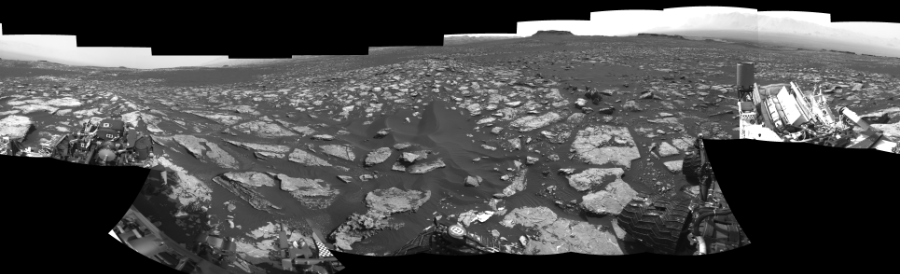NASA's Mars rover Curiosity took 18 images in Gale Crater using its mast-mounted Left Navigation Camera (Navcam) to create this mosaic. The seam-corrected mosaic provides a 360-degree cylindrical-perspective projection panorama of the Martian surface suitable for stereo viewing, centered at 71 degrees azimuth (measured clockwise from north). This single-eye view must be combined with the partner right image to be viewed in stereo.  Curiosity took the images on November 16, 2016, Sol 1521 of the Mars Science Laboratory mission at drive 2668, site number 59. The local mean solar time for the image exposures was 2 PM. Each Navcam image has a 45-degree field of view. CREDIT: NASA/JPL-Caltech