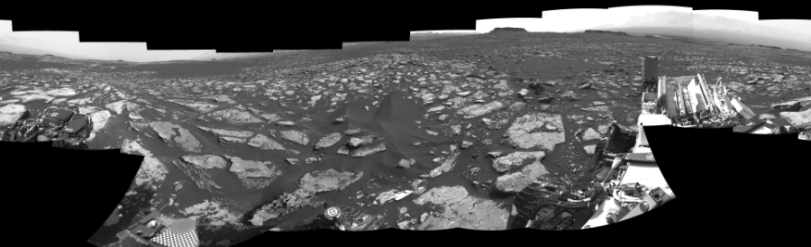 NASA's Mars rover Curiosity took 18 images in Gale Crater using its mast-mounted Right Navigation Camera (Navcam) to create this mosaic. The seam-corrected mosaic provides a 0-degree cylindrical-perspective projection panorama of the Martian surface suitable for stereo viewing, centered at 246 degrees azimuth (measured clockwise from north). This single-eye view must be combined with the partner left image to be viewed in stereo.  Curiosity took the images on November 16, 2016, Sol 1521 of the Mars Science Laboratory mission at drive 2668, site number 59. The local mean solar time for the image exposures was 2 PM. Each Navcam image has a 45-degree field of view. CREDIT: NASA/JPL-Caltech