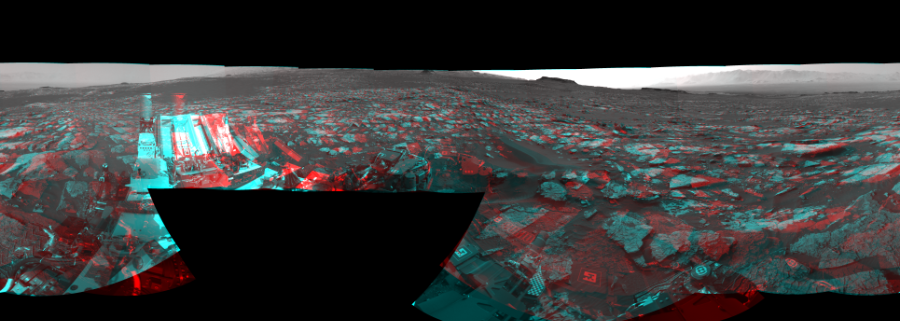 NASA's Mars rover Curiosity took 19 image pairs in Gale Crater using its mast-mounted Navigation Camera (Navcam) to create this mosaic. The seam-corrected mosaic provides a 360-degree cylindrical perspective projection panorama of the Martian surface suitable for stereo viewing, centered at 297 degrees azimuth (measured clockwise from north). This anaglyph must be viewed with red/blue glasses (red over left eye).  Curiosity took the images on December 21, 2016, Sol 1555 of the Mars Science Laboratory mission at drive 3016, site number 59. The local mean solar time for the image exposures was 4 PM. Each Navcam image has a 45-degree field of view. CREDIT: NASA/JPL-Caltech