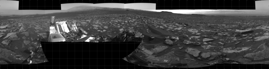NASA's Mars rover Curiosity took 23 images in Gale Crater using its mast-mounted Left Navigation Camera (Navcam) to create this mosaic. The seam-corrected mosaic provides a 360-degree cylindrical projection panorama of the Martian surface centered at 180 degrees azimuth (measured clockwise from north). Curiosity took the images on December 21, 2016, Sols 1555-1559 of the Mars Science Laboratory mission at drive 3016, site number 59. The local mean solar time for the image exposures was from 4 PM to 12 PM. Each Navcam image has a 45 degree field of view. CREDIT: NASA/JPL-Caltech