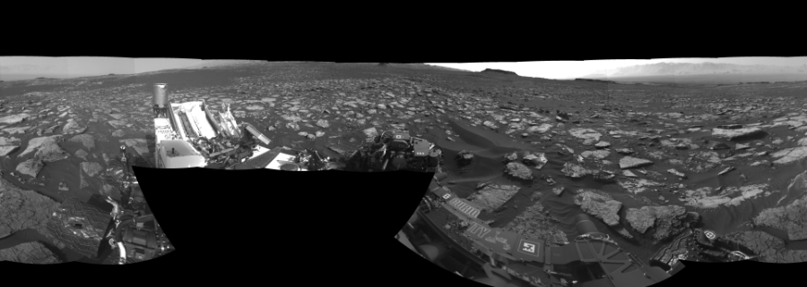 NASA's Mars rover Curiosity took 19 images in Gale Crater using its mast-mounted Left Navigation Camera (Navcam) to create this mosaic. The seam-corrected mosaic provides a 360-degree cylindrical-perspective projection panorama of the Martian surface suitable for stereo viewing, centered at 297 degrees azimuth (measured clockwise from north). This single-eye view must be combined with the partner right image to be viewed in stereo.  Curiosity took the images on December 21, 2016, Sol 1555 of the Mars Science Laboratory mission at drive 3016, site number 59. The local mean solar time for the image exposures was 4 PM. Each Navcam image has a 45-degree field of view. CREDIT: NASA/JPL-Caltech