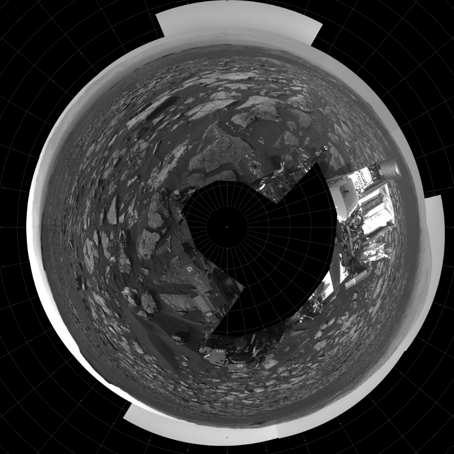 NASA's Mars rover Curiosity took 23 images in Gale Crater using its mast-mounted Left Navigation Camera (Navcam) to create this mosaic. The seam-corrected mosaic provides a polar stereographic projection panorama of the Martian surface with 0 degrees azimuth (measured clockwise from north) at the top of the image. Curiosity took the images on December 21, 2016, Sols 1555-1559 of the Mars Science Laboratory mission at drive 3016, site number 59. The local mean solar time for the image exposures was from 4 PM to 12 PM. Each Navcam image has a 45-degree field of view. CREDIT: NASA/JPL-Caltech