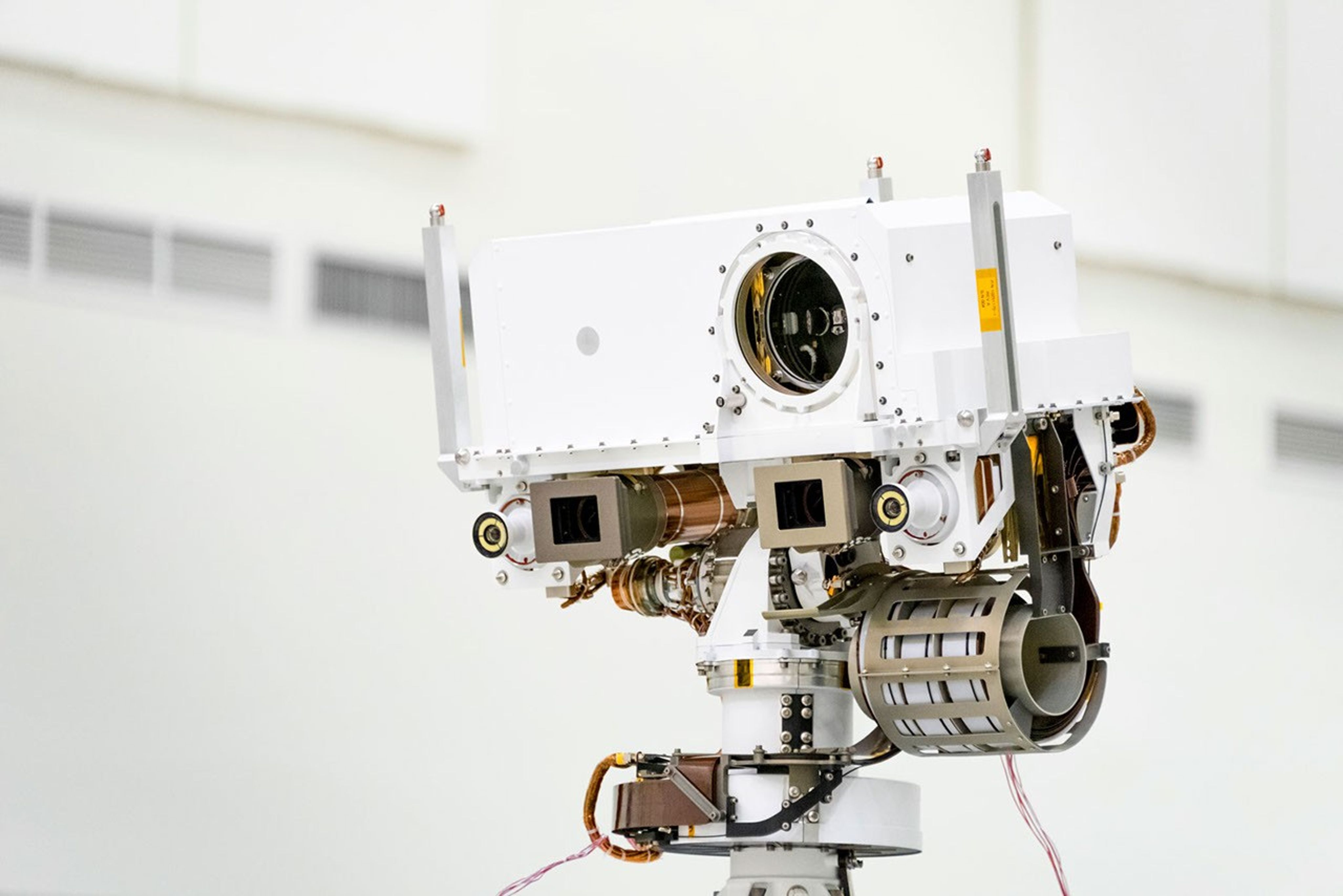 This image, taken in the Spacecraft Assembly Facility's High Bay 1 at the Jet Propulsion Laboratory in Pasadena, California, on July 23, 2019, shows a close-up of the head of Mars 2020's remote sensing mast.