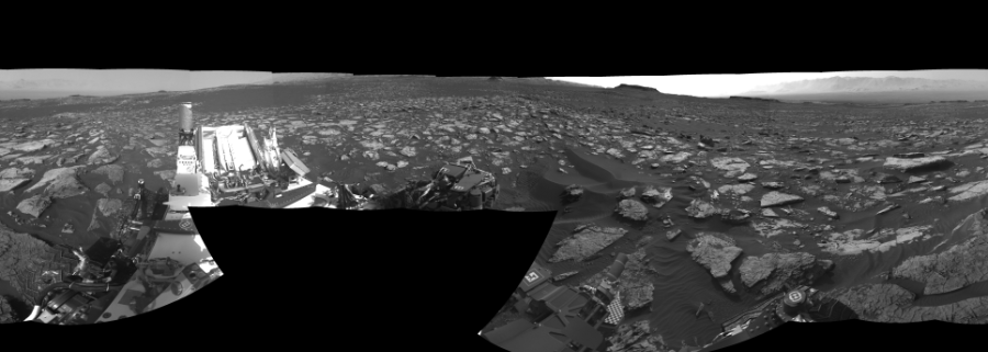 NASA's Mars rover Curiosity took 19 images in Gale Crater using its mast-mounted Right Navigation Camera (Navcam) to create this mosaic. The seam-corrected mosaic provides a 360-degree cylindrical-perspective projection panorama of the Martian surface suitable for stereo viewing, centered at 288 degrees azimuth (measured clockwise from north). This single-eye view must be combined with the partner left image to be viewed in stereo.  Curiosity took the images on December 21, 2016, Sol 1555 of the Mars Science Laboratory mission at drive 3016, site number 59. The local mean solar time for the image exposures was 4 PM. Each Navcam image has a 45-degree field of view. CREDIT: NASA/JPL-Caltech