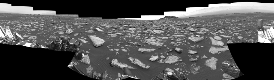 NASA's Mars rover Curiosity took 17 images in Gale Crater using its mast-mounted Left Navigation Camera (Navcam) to create this mosaic. The seam-corrected mosaic provides a 360-degree cylindrical-perspective projection panorama of the Martian surface suitable for stereo viewing, centered at 28 degrees azimuth (measured clockwise from north). This single-eye view must be combined with the partner right image to be viewed in stereo.  Curiosity took the images on January 23, 2017, Sol 1587 of the Mars Science Laboratory mission at drive 2010, site number 60. The local mean solar time for the image exposures was from 2 PM to 3 PM. Each Navcam image has a 45-degree field of view. CREDIT: NASA/JPL-Caltech