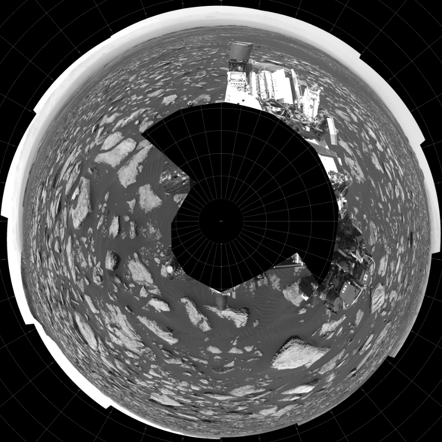 NASA's Mars rover Curiosity took 17 images in Gale Crater using its mast-mounted Left Navigation Camera (Navcam) to create this mosaic. The seam-corrected mosaic provides a polar stereographic projection panorama of the Martian surface with 0 degrees azimuth (measured clockwise from north) at the top of the image. Curiosity took the images on January 23, 2017, Sol 1587 of the Mars Science Laboratory mission at drive 2010, site number 60. The local mean solar time for the image exposures was from 2 PM to 3 PM. Each Navcam image has a 45-degree field of view. CREDIT: NASA/JPL-Caltech