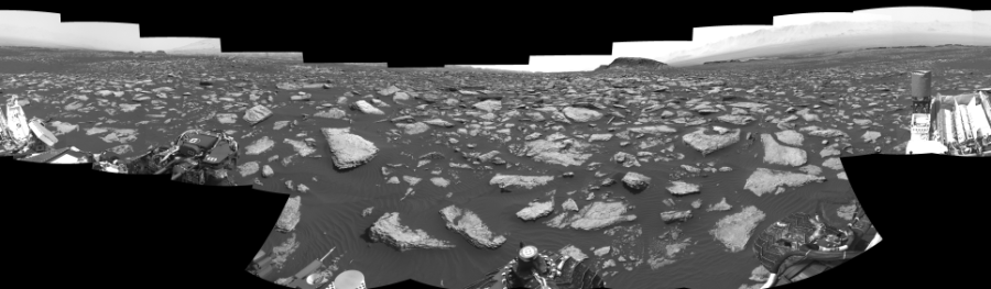 NASA's Mars rover Curiosity took 17 images in Gale Crater using its mast-mounted Right Navigation Camera (Navcam) to create this mosaic. The seam-corrected mosaic provides a 0-degree cylindrical-perspective projection panorama of the Martian surface suitable for stereo viewing, centered at 201 degrees azimuth (measured clockwise from north). This single-eye view must be combined with the partner left image to be viewed in stereo. Curiosity took the images on January 23, 2017, Sol 1587 of the Mars Science Laboratory mission at drive 2010, site number 60. The local mean solar time for the image exposures was from 2 PM to 3 PM. Each Navcam image has a 45-degree field of view. CREDIT: NASA/JPL-Caltech