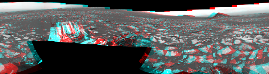 NASA's Mars rover Curiosity took 17 image pairs in Gale Crater using its mast-mounted Navigation Camera (Navcam) to create this mosaic. The seam-corrected mosaic provides a 360-degree cylindrical perspective projection panorama of the Martian surface suitable for stereo viewing, centered at 291 degrees azimuth (measured clockwise from north). This anaglyph must be viewed with red/blue glasses (red over left eye).  Curiosity took the images on January 30, 2017, Sol 1594 of the Mars Science Laboratory mission at drive 2574, site number 60. The local mean solar time for the image exposures was from 1 PM to 3 PM. Each Navcam image has a 45-degree field of view. CREDIT: NASA/JPL-Caltech