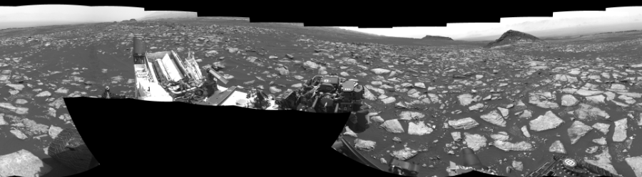 NASA's Mars rover Curiosity took 17 images in Gale Crater using its mast-mounted Left Navigation Camera (Navcam) to create this mosaic. The seam-corrected mosaic provides a 360-degree cylindrical-perspective projection panorama of the Martian surface suitable for stereo viewing, centered at 291 degrees azimuth (measured clockwise from north). This single-eye view must be combined with the partner right image to be viewed in stereo.  Curiosity took the images on January 30, 2017, Sol 1594 of the Mars Science Laboratory mission at drive 2574, site number 60. The local mean solar time for the image exposures was from 1 PM to 3 PM. Each Navcam image has a 45-degree field of view. CREDIT: NASA/JPL-Caltech