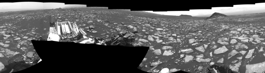 NASA's Mars rover Curiosity took 17 images in Gale Crater using its mast-mounted Right Navigation Camera (Navcam) to create this mosaic. The seam-corrected mosaic provides a 360-degree cylindrical-perspective projection panorama of the Martian surface suitable for stereo viewing, centered at 284 degrees azimuth (measured clockwise from north). This single-eye view must be combined with the partner left image to be viewed in stereo.  Curiosity took the images on January 30, 2017, Sol 1594 of the Mars Science Laboratory mission at drive 2574, site number 60. The local mean solar time for the image exposures was from 1 PM to 3 PM. Each Navcam image has a 45-degree field of view. CREDIT: NASA/JPL-Caltech