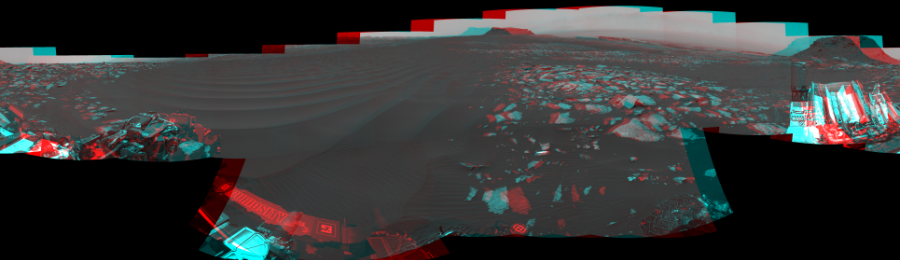 NASA's Mars rover Curiosity took 18 image pairs in Gale Crater using its mast-mounted Navigation Camera (Navcam) to create this mosaic. The seam-corrected mosaic provides a 360-degree cylindrical perspective projection panorama of the Martian surface suitable for stereo viewing, centered at 45 degrees azimuth (measured clockwise from north). This anaglyph must be viewed with red/blue glasses (red over left eye).  Curiosity took the images on February 06, 2017, Sol 1601 of the Mars Science Laboratory mission at drive 3162, site number 60. The local mean solar time for the image exposures was 1 PM. Each Navcam image has a 45-degree field of view. CREDIT: NASA/JPL-Caltech