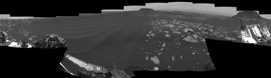 NASA's Mars rover Curiosity took 18 images in Gale Crater using its mast-mounted Left Navigation Camera (Navcam) to create this mosaic. The seam-corrected mosaic provides a 360-degree cylindrical-perspective projection panorama of the Martian surface suitable for stereo viewing, centered at 45 degrees azimuth (measured clockwise from north). This single-eye view must be combined with the partner right image to be viewed in stereo.  Curiosity took the images on February 06, 2017, Sol 1601 of the Mars Science Laboratory mission at drive 3162, site number 60. The local mean solar time for the image exposures was 1 PM. Each Navcam image has a 45-degree field of view. CREDIT: NASA/JPL-Caltech