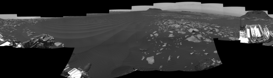 NASA's Mars rover Curiosity took 18 images in Gale Crater using its mast-mounted Right Navigation Camera (Navcam) to create this mosaic. The seam-corrected mosaic provides a 360-degree cylindrical-perspective projection panorama of the Martian surface suitable for stereo viewing, centered at 36 degrees azimuth (measured clockwise from north). This single-eye view must be combined with the partner left image to be viewed in stereo. Curiosity took the images on February 06, 2017, Sol 1601 of the Mars Science Laboratory mission at drive 3162, site number 60. The local mean solar time for the image exposures was 1 PM. Each Navcam image has a 45-degree field of view. CREDIT: NASA/JPL-Caltech