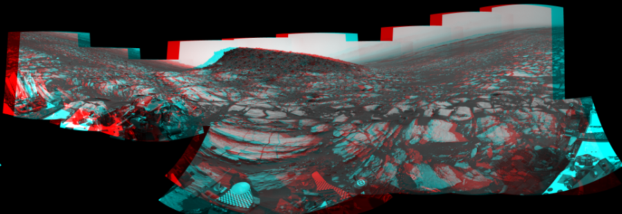 NASA's Mars rover Curiosity took 17 image pairs in Gale Crater using its mast-mounted Navigation Camera (Navcam) to create this mosaic. The seam-corrected mosaic provides a 360-degree cylindrical perspective projection panorama of the Martian surface suitable for stereo viewing, centered at 16 degrees azimuth (measured clockwise from north). This anaglyph must be viewed with red/blue glasses (red over left eye).  Curiosity took the images on February 13, 2017, Sol 1608 of the Mars Science Laboratory mission at drive 252, site number 61. The local mean solar time for the image exposures was 2 PM. Each Navcam image has a 45-degree field of view. CREDIT: NASA/JPL-Caltech