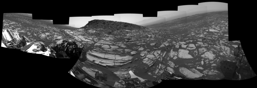 NASA's Mars rover Curiosity took 17 images in Gale Crater using its mast-mounted Left Navigation Camera (Navcam) to create this mosaic. The seam-corrected mosaic provides a 360-degree cylindrical-perspective projection panorama of the Martian surface suitable for stereo viewing, centered at 16 degrees azimuth (measured clockwise from north). This single-eye view must be combined with the partner right image to be viewed in stereo.  Curiosity took the images on February 13, 2017, Sol 1608 of the Mars Science Laboratory mission at drive 252, site number 61. The local mean solar time for the image exposures was 2 PM. Each Navcam image has a 45-degree field of view. CREDIT: NASA/JPL-Caltech