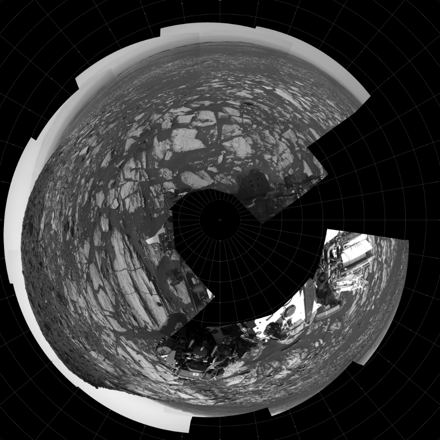 NASA's Mars rover Curiosity took 17 images in Gale Crater using its mast-mounted Left Navigation Camera (Navcam) to create this mosaic. The seam-corrected mosaic provides a polar stereographic projection panorama of the Martian surface with 0 degrees azimuth (measured clockwise from north) at the top of the image. Curiosity took the images on February 13, 2017, Sol 1608 of the Mars Science Laboratory mission at drive 252, site number 61. The local mean solar time for the image exposures was 2 PM. Each Navcam image has a 45-degree field of view. CREDIT: NASA/JPL-Caltech