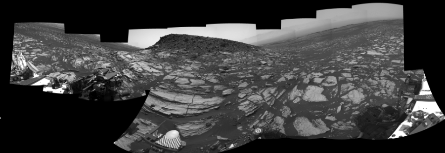 NASA's Mars rover Curiosity took 17 images in Gale Crater using its mast-mounted Right Navigation Camera (Navcam) to create this mosaic. The seam-corrected mosaic provides a 0-degree cylindrical-perspective projection panorama of the Martian surface suitable for stereo viewing, centered at 188 degrees azimuth (measured clockwise from north). This single-eye view must be combined with the partner left image to be viewed in stereo.  Curiosity took the images on February 13, 2017, Sol 1608 of the Mars Science Laboratory mission at drive 252, site number 61. The local mean solar time for the image exposures was 2 PM. Each Navcam image has a 45-degree field of view. CREDIT: NASA/JPL-Caltech