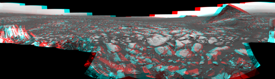 NASA's Mars rover Curiosity took 17 image pairs in Gale Crater using its mast-mounted Navigation Camera (Navcam) to create this mosaic. The seam-corrected mosaic provides a 360-degree cylindrical perspective projection panorama of the Martian surface suitable for stereo viewing, centered at 7 degrees azimuth (measured clockwise from north). This anaglyph must be viewed with red/blue glasses (red over left eye). Curiosity took the images on February 15, 2017, Sol 1610 of the Mars Science Laboratory mission at drive 456, site number 61. The local mean solar time for the image exposures was from 2 PM to 3 PM. Each Navcam image has a 45-degree field of view. CREDIT: NASA/JPL-Caltech