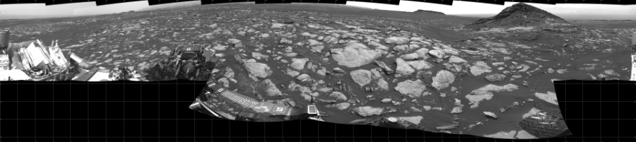 NASA's Mars rover Curiosity took 17 images in Gale Crater using its mast-mounted Left Navigation Camera (Navcam) to create this mosaic. The seam-corrected mosaic provides a 360-degree cylindrical projection panorama of the Martian surface centered at 180 degrees azimuth (measured clockwise from north). Curiosity took the images on February 15, 2017, Sol 1610 of the Mars Science Laboratory mission at drive 456, site number 61. The local mean solar time for the image exposures was from 2 PM to 3 PM. Each Navcam image has a 45 degree field of view. CREDIT: NASA/JPL-Caltech