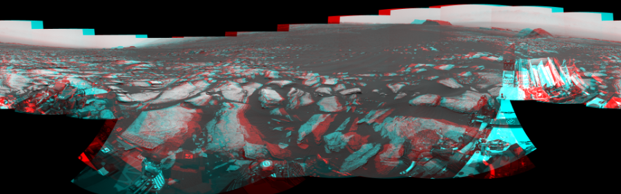 NASA's Mars rover Curiosity took 19 image pairs in Gale Crater using its mast-mounted Navigation Camera (Navcam) to create this mosaic. The seam-corrected mosaic provides a 360-degree cylindrical perspective projection panorama of the Martian surface suitable for stereo viewing, centered at 66 degrees azimuth (measured clockwise from north). This anaglyph must be viewed with red/blue glasses (red over left eye).  Curiosity took the images on February 22, 2017, Sol 1616 of the Mars Science Laboratory mission at drive 934, site number 61. The local mean solar time for the image exposures was 1 PM. Each Navcam image has a 45-degree field of view. CREDIT: NASA/JPL-Caltech