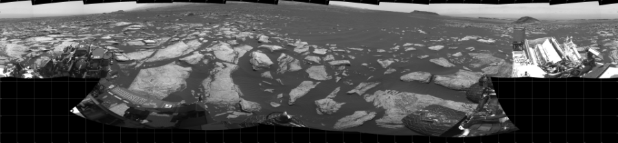 NASA's Mars rover Curiosity took 19 images in Gale Crater using its mast-mounted Left Navigation Camera (Navcam) to create this mosaic. The seam-corrected mosaic provides a 360-degree cylindrical projection panorama of the Martian surface centered at 180 degrees azimuth (measured clockwise from north). Curiosity took the images on February 22, 2017, Sol 1616 of the Mars Science Laboratory mission at drive 934, site number 61. The local mean solar time for the image exposures was 1 PM. Each Navcam image has a 45 degree field of view. CREDIT: NASA/JPL-Caltech
