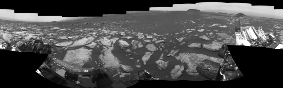 NASA's Mars rover Curiosity took 19 images in Gale Crater using its mast-mounted Left Navigation Camera (Navcam) to create this mosaic. The seam-corrected mosaic provides a 360-degree cylindrical-perspective projection panorama of the Martian surface suitable for stereo viewing, centered at 66 degrees azimuth (measured clockwise from north). This single-eye view must be combined with the partner right image to be viewed in stereo.  Curiosity took the images on February 22, 2017, Sol 1616 of the Mars Science Laboratory mission at drive 934, site number 61. The local mean solar time for the image exposures was 1 PM. Each Navcam image has a 45-degree field of view. CREDIT: NASA/JPL-Caltech