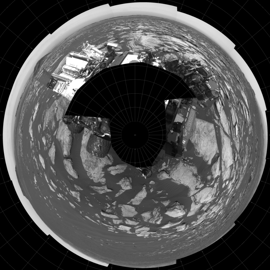 NASA's Mars rover Curiosity took 19 images in Gale Crater using its mast-mounted Left Navigation Camera (Navcam) to create this mosaic. The seam-corrected mosaic provides a polar stereographic projection panorama of the Martian surface with 0 degrees azimuth (measured clockwise from north) at the top of the image. Curiosity took the images on February 22, 2017, Sol 1616 of the Mars Science Laboratory mission at drive 934, site number 61. The local mean solar time for the image exposures was 1 PM. Each Navcam image has a 45-degree field of view. CREDIT: NASA/JPL-Caltech