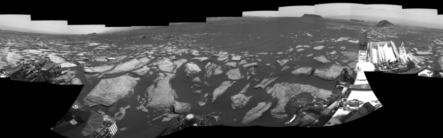 NASA's Mars rover Curiosity took 19 images in Gale Crater using its mast-mounted Right Navigation Camera (Navcam) to create this mosaic. The seam-corrected mosaic provides a 0-degree cylindrical-perspective projection panorama of the Martian surface suitable for stereo viewing, centered at 240 degrees azimuth (measured clockwise from north). This single-eye view must be combined with the partner left image to be viewed in stereo. Curiosity took the images on February 22, 2017, Sol 1616 of the Mars Science Laboratory mission at drive 934, site number 61. The local mean solar time for the image exposures was 1 PM. Each Navcam image has a 45-degree field of view. CREDIT: NASA/JPL-Caltech