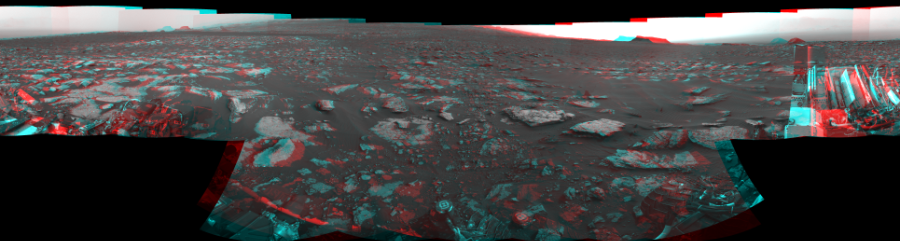 NASA's Mars rover Curiosity took 17 image pairs in Gale Crater using its mast-mounted Navigation Camera (Navcam) to create this mosaic. The seam-corrected mosaic provides a 360-degree cylindrical perspective projection panorama of the Martian surface suitable for stereo viewing, centered at 42 degrees azimuth (measured clockwise from north). This anaglyph must be viewed with red/blue glasses (red over left eye).  Curiosity took the images on March 08, 2017, Sol 1630 of the Mars Science Laboratory mission at drive 1650, site number 61. The local mean solar time for the image exposures was 5 PM. Each Navcam image has a 45-degree field of view. CREDIT: NASA/JPL-Caltech