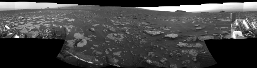 NASA's Mars rover Curiosity took 17 images in Gale Crater using its mast-mounted Left Navigation Camera (Navcam) to create this mosaic. The seam-corrected mosaic provides a 360-degree cylindrical-perspective projection panorama of the Martian surface suitable for stereo viewing, centered at 42 degrees azimuth (measured clockwise from north). This single-eye view must be combined with the partner right image to be viewed in stereo.  Curiosity took the images on March 08, 2017, Sol 1630 of the Mars Science Laboratory mission at drive 1650, site number 61. The local mean solar time for the image exposures was 5 PM. Each Navcam image has a 45-degree field of view. CREDIT: NASA/JPL-Caltech