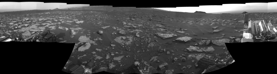 NASA's Mars rover Curiosity took 17 images in Gale Crater using its mast-mounted Right Navigation Camera (Navcam) to create this mosaic. The seam-corrected mosaic provides a 0-degree cylindrical-perspective projection panorama of the Martian surface suitable for stereo viewing, centered at 215 degrees azimuth (measured clockwise from north). This single-eye view must be combined with the partner left image to be viewed in stereo. Curiosity took the images on March 08, 2017, Sol 1630 of the Mars Science Laboratory mission at drive 1650, site number 61. The local mean solar time for the image exposures was 5 PM. Each Navcam image has a 45-degree field of view. CREDIT: NASA/JPL-Caltech