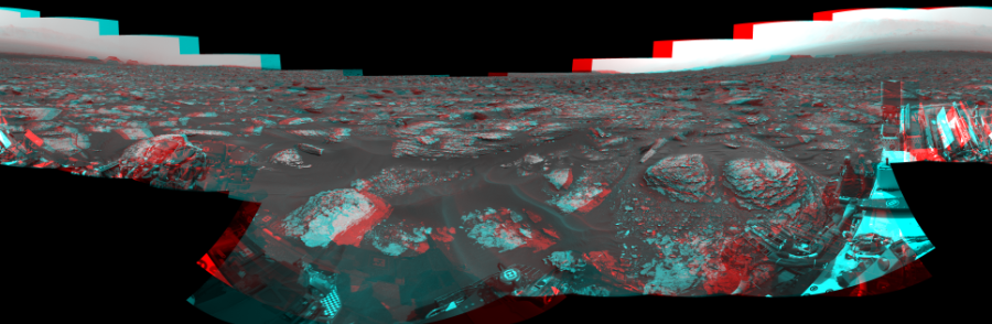 NASA's Mars rover Curiosity took 19 image pairs in Gale Crater using its mast-mounted Navigation Camera (Navcam) to create this mosaic. The seam-corrected mosaic provides a 360-degree cylindrical perspective projection panorama of the Martian surface suitable for stereo viewing, centered at 39 degrees azimuth (measured clockwise from north). This anaglyph must be viewed with red/blue glasses (red over left eye).  Curiosity took the images on May 19, 2017, Sol 1700 of the Mars Science Laboratory mission at drive 1420, site number 63. The local mean solar time for the image exposures was from 2 PM to 4 PM. Each Navcam image has a 45-degree field of view. CREDIT: NASA/JPL-Caltech