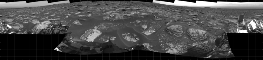 NASA's Mars rover Curiosity took 19 images in Gale Crater using its mast-mounted Left Navigation Camera (Navcam) to create this mosaic. The seam-corrected mosaic provides a 360-degree cylindrical projection panorama of the Martian surface centered at 180 degrees azimuth (measured clockwise from north). Curiosity took the images on May 19, 2017, Sol 1700 of the Mars Science Laboratory mission at drive 1420, site number 63. The local mean solar time for the image exposures was from 2 PM to 4 PM. Each Navcam image has a 45 degree field of view. CREDIT: NASA/JPL-Caltech
