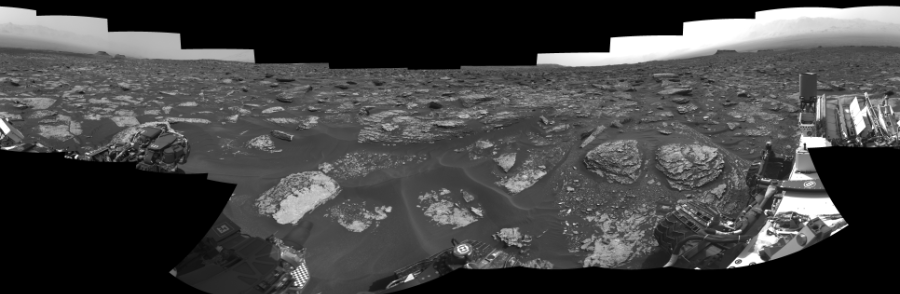 NASA's Mars rover Curiosity took 19 images in Gale Crater using its mast-mounted Right Navigation Camera (Navcam) to create this mosaic. The seam-corrected mosaic provides a 0-degree cylindrical-perspective projection panorama of the Martian surface suitable for stereo viewing, centered at 212 degrees azimuth (measured clockwise from north). This single-eye view must be combined with the partner left image to be viewed in stereo.  Curiosity took the images on May 19, 2017, Sol 1700 of the Mars Science Laboratory mission at drive 1420, site number 63. The local mean solar time for the image exposures was from 2 PM to 4 PM. Each Navcam image has a 45-degree field of view. CREDIT: NASA/JPL-Caltech