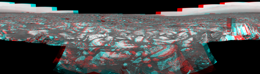 NASA's Mars rover Curiosity took 17 image pairs in Gale Crater using its mast-mounted Navigation Camera (Navcam) to create this mosaic. The seam-corrected mosaic provides a 360-degree cylindrical perspective projection panorama of the Martian surface suitable for stereo viewing, centered at 46 degrees azimuth (measured clockwise from north). This anaglyph must be viewed with red/blue glasses (red over left eye).  Curiosity took the images on June 05, 2017, Sol 1717 of the Mars Science Laboratory mission at drive 2372, site number 63. The local mean solar time for the image exposures was 1 PM. Each Navcam image has a 45-degree field of view. CREDIT: NASA/JPL-Caltech