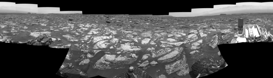 NASA's Mars rover Curiosity took 17 images in Gale Crater using its mast-mounted Right Navigation Camera (Navcam) to create this mosaic. The seam-corrected mosaic provides a 0-degree cylindrical-perspective projection panorama of the Martian surface suitable for stereo viewing, centered at 219 degrees azimuth (measured clockwise from north). This single-eye view must be combined with the partner left image to be viewed in stereo.  Curiosity took the images on June 05, 2017, Sol 1717 of the Mars Science Laboratory mission at drive 2372, site number 63. The local mean solar time for the image exposures was 1 PM. Each Navcam image has a 45-degree field of view. CREDIT: NASA/JPL-Caltech
