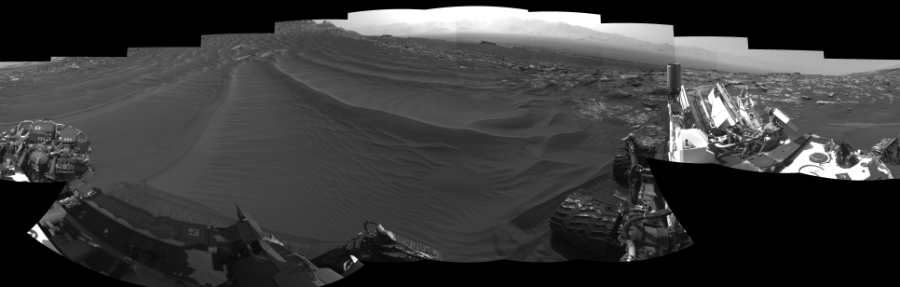 NASA's Mars rover Curiosity took 19 images in Gale Crater using its mast-mounted Left Navigation Camera (Navcam) to create this mosaic. The seam-corrected mosaic provides a 360-degree cylindrical-perspective projection panorama of the Martian surface suitable for stereo viewing, centered at 99 degrees azimuth (measured clockwise from north). This single-eye view must be combined with the partner right image to be viewed in stereo.  Curiosity took the images on July 07, 2017, Sol 1748 of the Mars Science Laboratory mission at drive 2088, site number 64. The local mean solar time for the image exposures was from 2 PM to 3 PM. Each Navcam image has a 45-degree field of view. CREDIT: NASA/JPL-Caltech